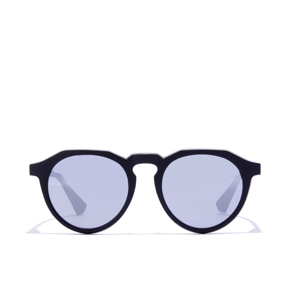 Matte black round Unisex sunglasses with lilac mirror polarized lenses, keyhole bridge
