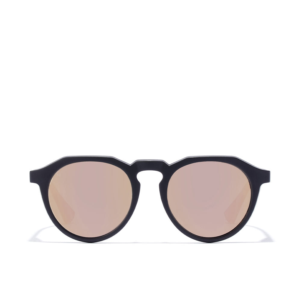 Unisex round black nylon sunglasses with polarised lenses and rose-gold accents