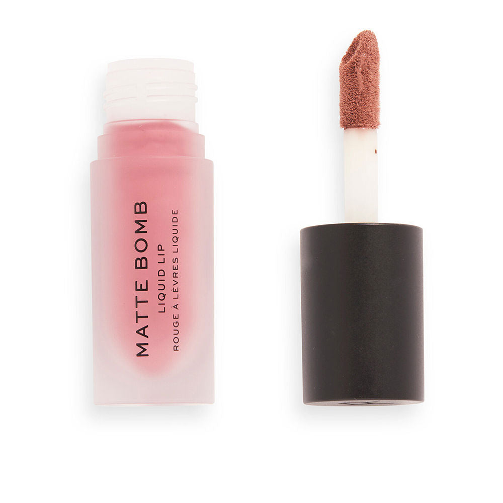 Tube of delicate brown cream-matte liquid lipstick, angled wand visible