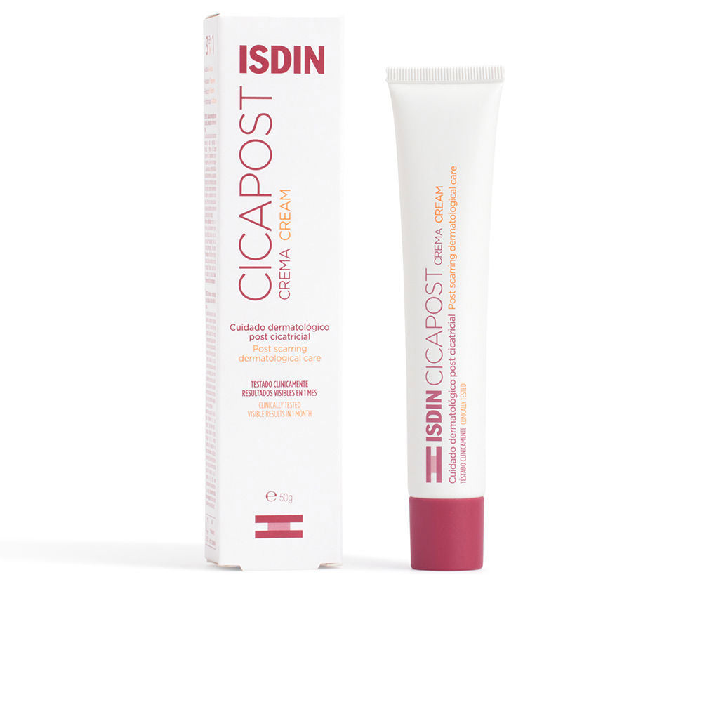 Isdin White cream tube and box with maroon cap, maroon and orange text, minimalist clinical plastic and cardboard