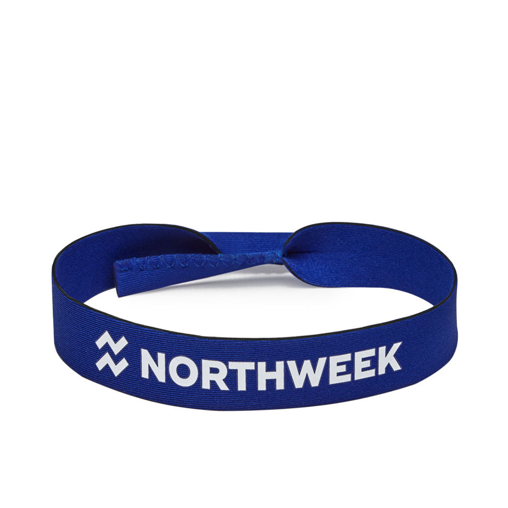 Northweek Blue fabric neoprene headband with elastic band and printed logo, slim loop ends visible