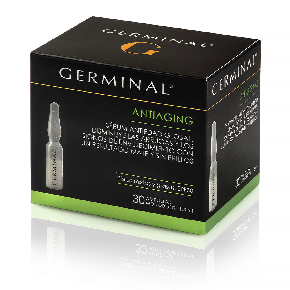 Box of 30 single‑dose ampoules; lightweight serum for oily, combination skin