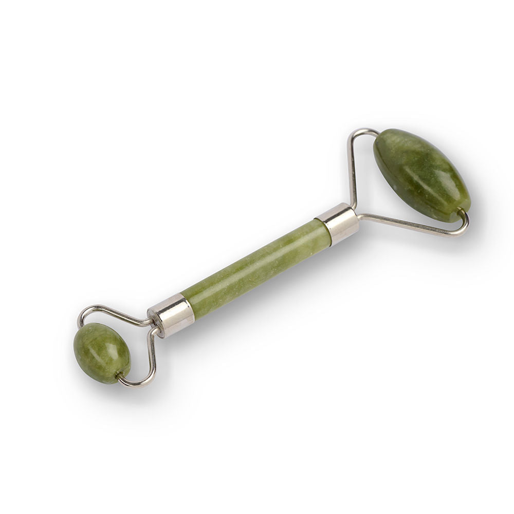 Hand-polished dual-ended jade facial roller, cool green stone, portable size