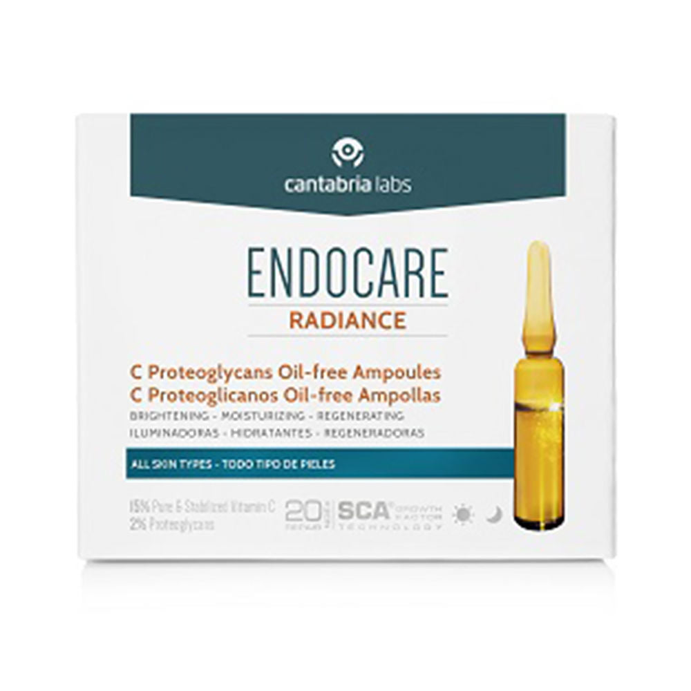 Row of clear 2 ml ampoules labelled radiance, oil‑free proteoglycan serum