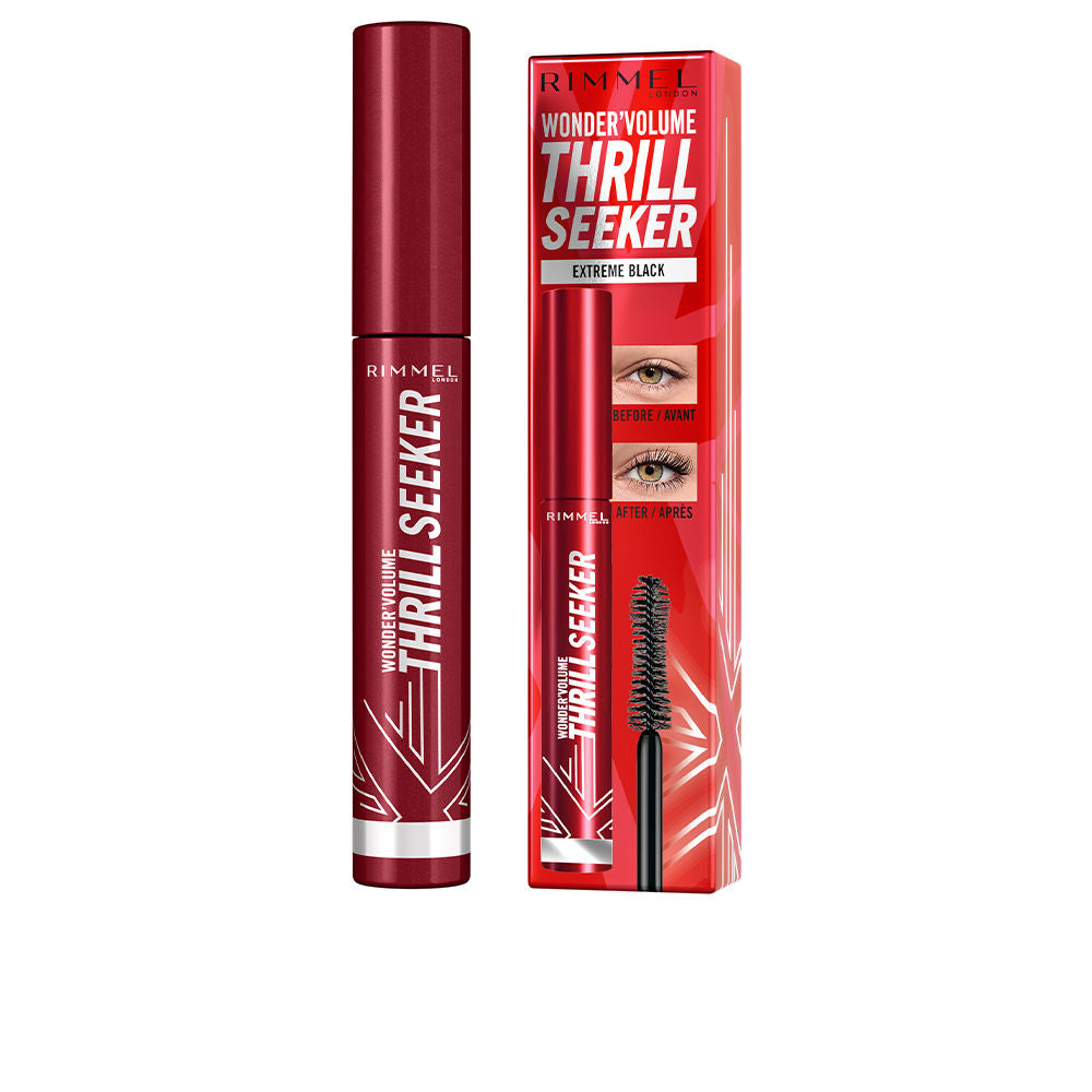 Black mascara tube and curved brush showing extreme black formula, 8 ml