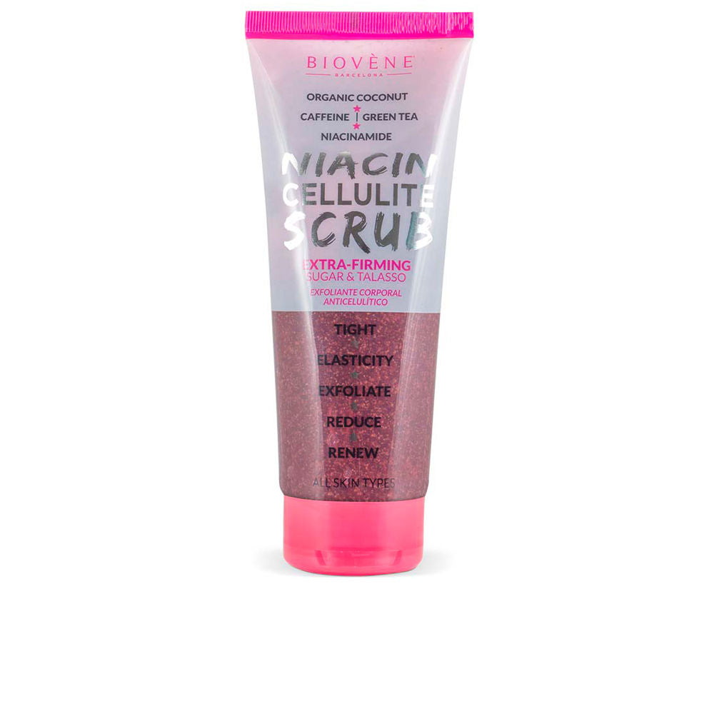 250 ml tub of grainy niacinamide and caffeine body scrub with walnut shell particles
