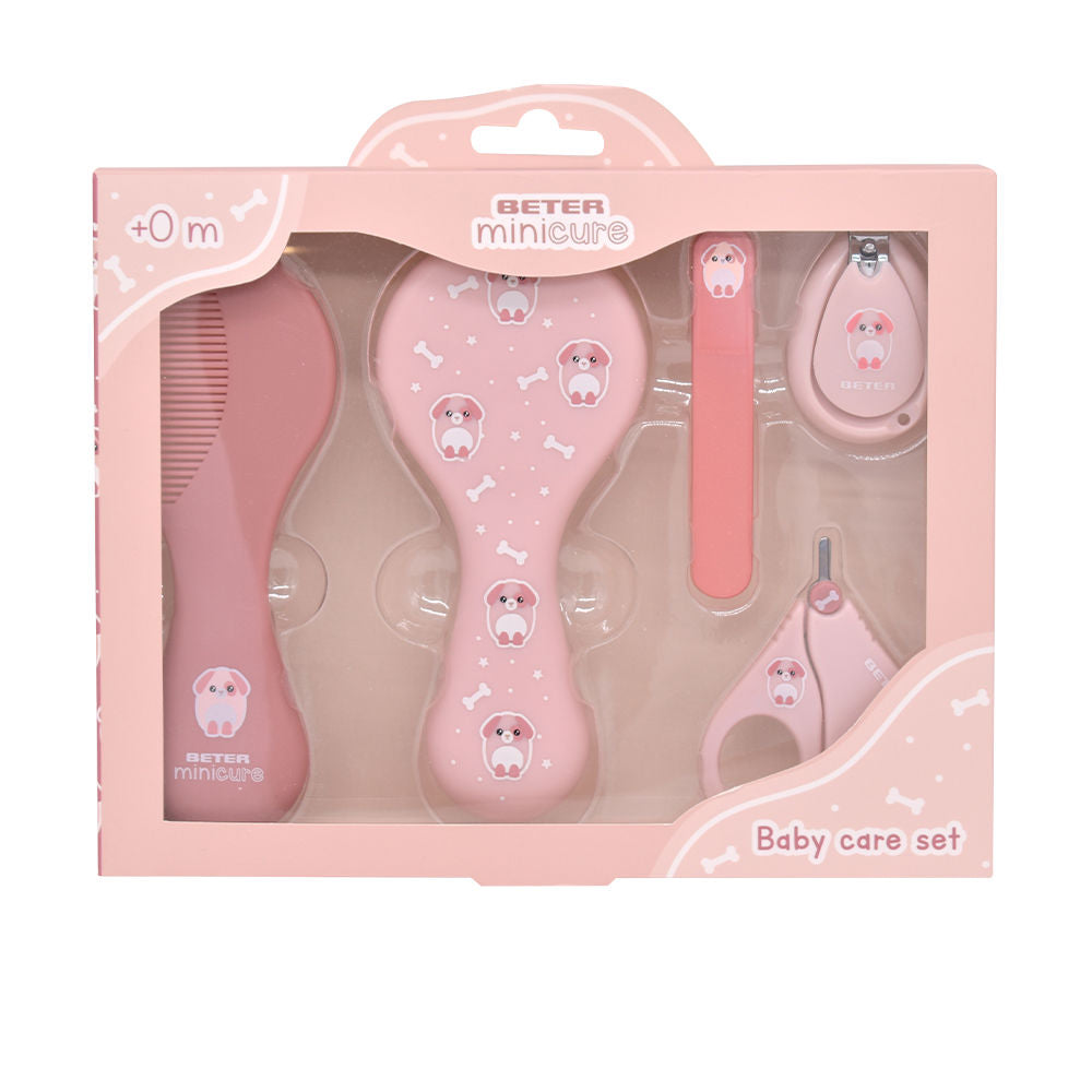 Beter Pink baby care set with cartoon dog illustrations, bone pattern accents, transparent window packaging, .