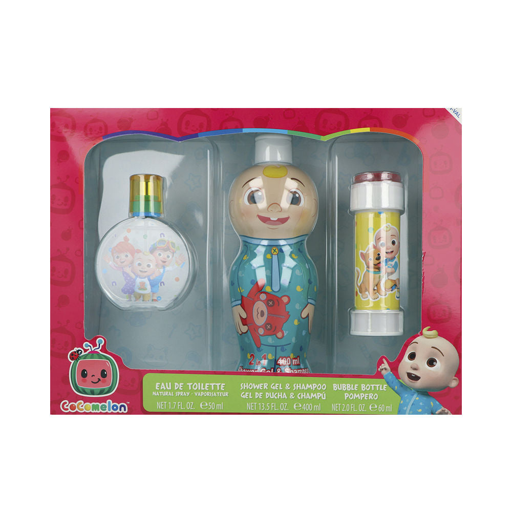 Cartoon-branded toiletry gift set with character-shaped and transparent cylindrical bottles, colorful cartoon illustrations