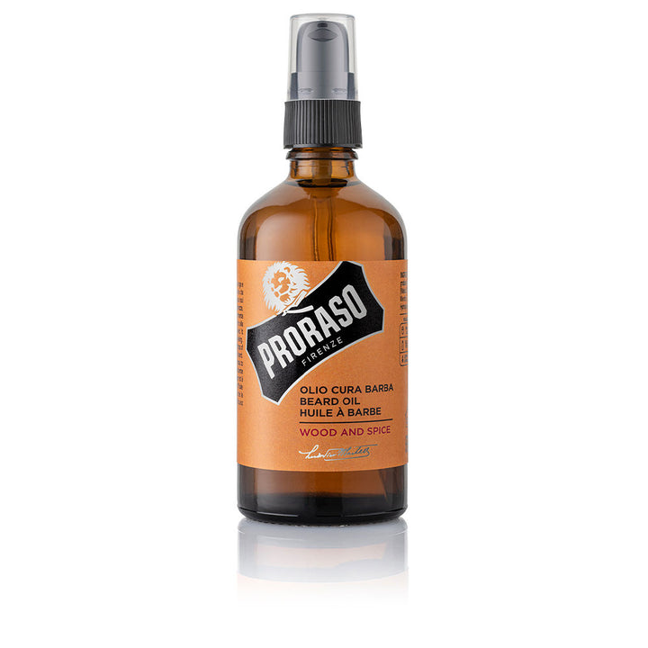 100 ml amber bottle of Wood &amp; Spice beard oil with warm-wood fragrance notes