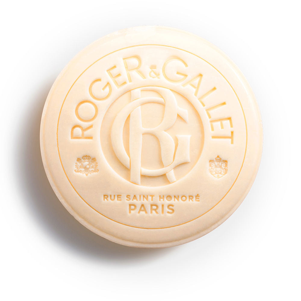 Round 100 g rose-scented soap bar with floral fragrance, packaged for Unisex use