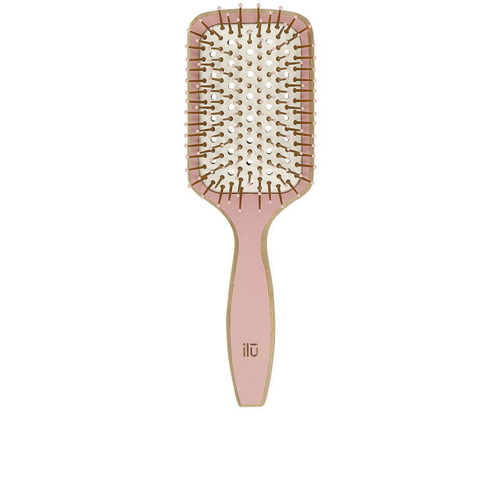 Compact bamboo paddle hairbrush, vented cushion, ergonomic handle, ball‑tipped bristles