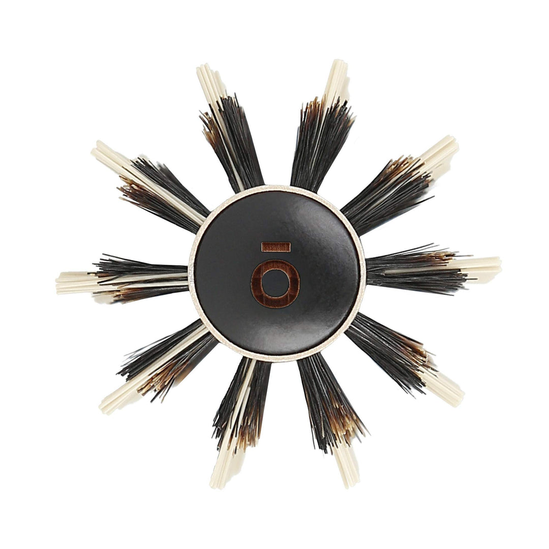 Wooden round hair brush with ceramic barrel and mixed boar‑nylon bristles