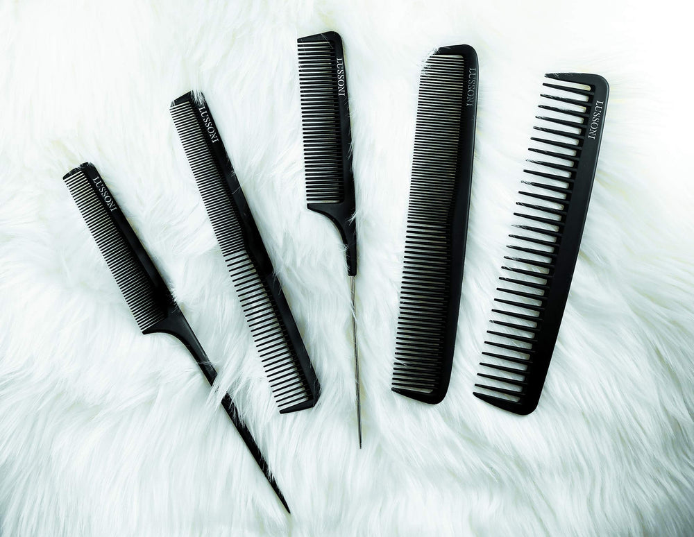Dual‑sided black styling comb with fine teeth and wide hooked teeth for sectioning