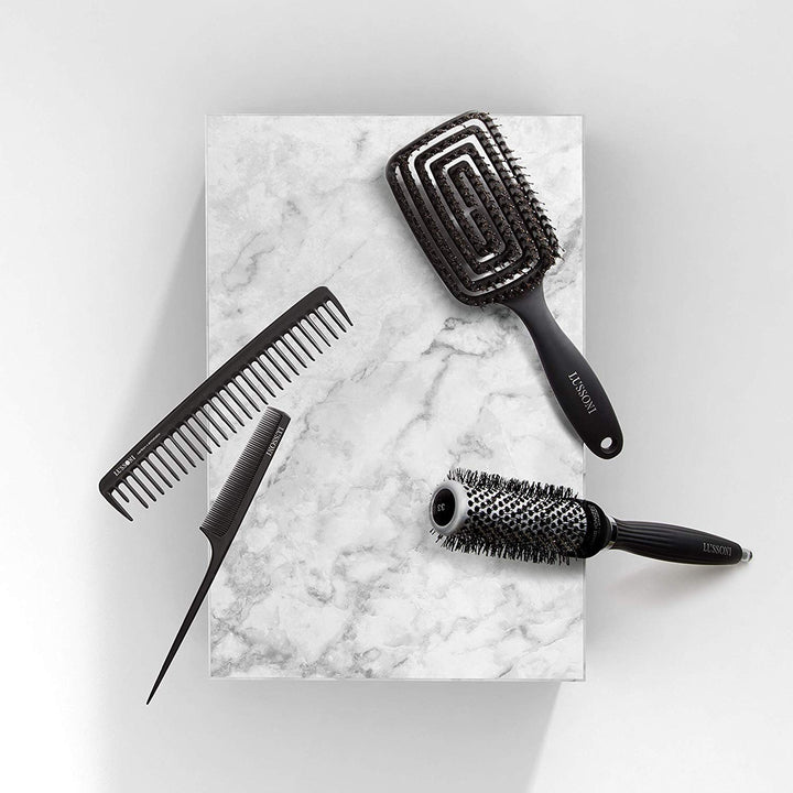 Dual‑sided black styling comb with fine teeth and wide hooked teeth for sectioning