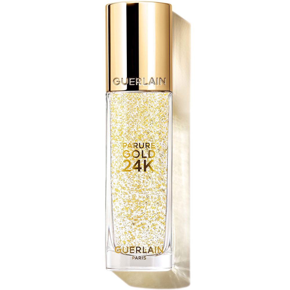 30 ml glass bottle of gel foundation with 24K gold shimmer, pump dispenser
