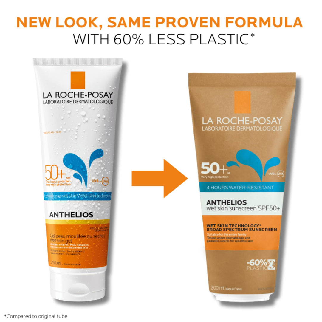 la Roche Posay Brown, blue and orange sunscreen tube with cartoon characters, prominent SPF number, sun icon, and QR code