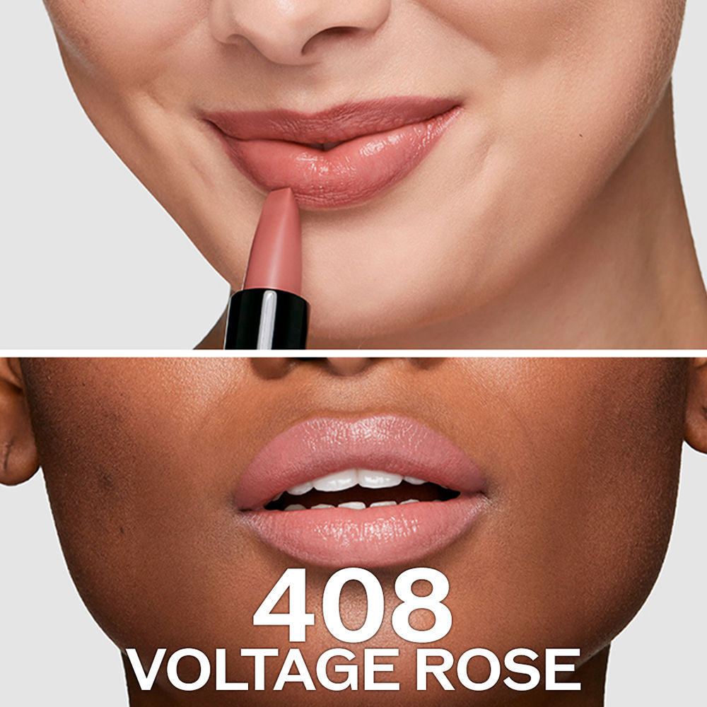 Slim bullet lipstick in muted red, contoured applicator visible, 3.3 g tube