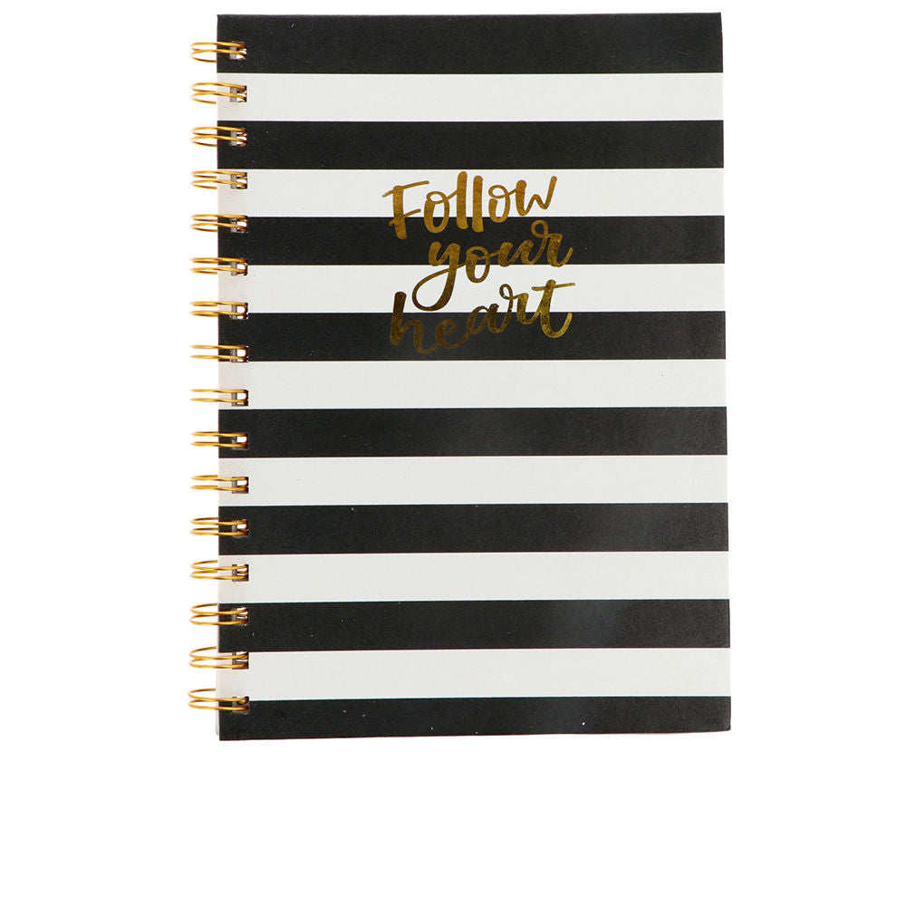 A5 ring‑bound notebook with black and white striped cover, 80 sheets