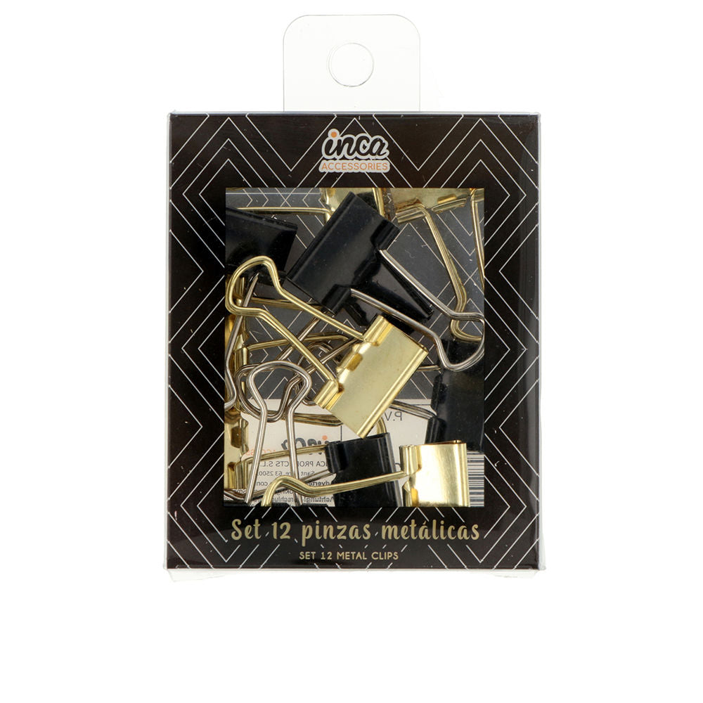 Set of 12 small gold and black metal clips, 1.9 cm each