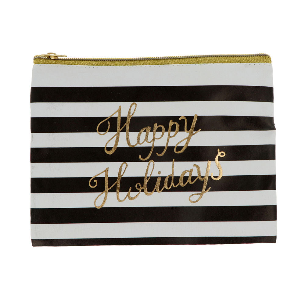 Black-and-white striped canvas pouch, gold zip, ‘Happy Holidays’ print, 21.5×15 cm