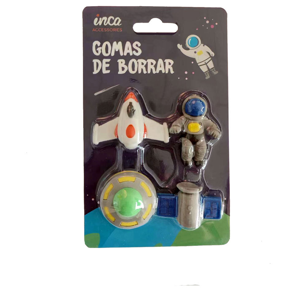 Twelve packs of space-shaped TPR erasers, four shapes per 15×8 cm pack, 50 g total