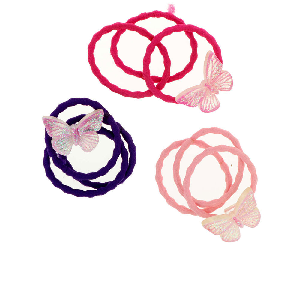 Inca Pack of nine fabric hair ties in pink, purple, red with textured surface and butterfly decoration