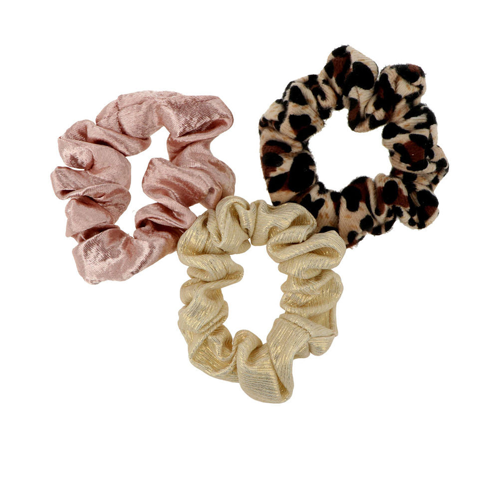 Inca Three small velvet scrunchies in pink, beige, brown and black animal prints with metallic sheen