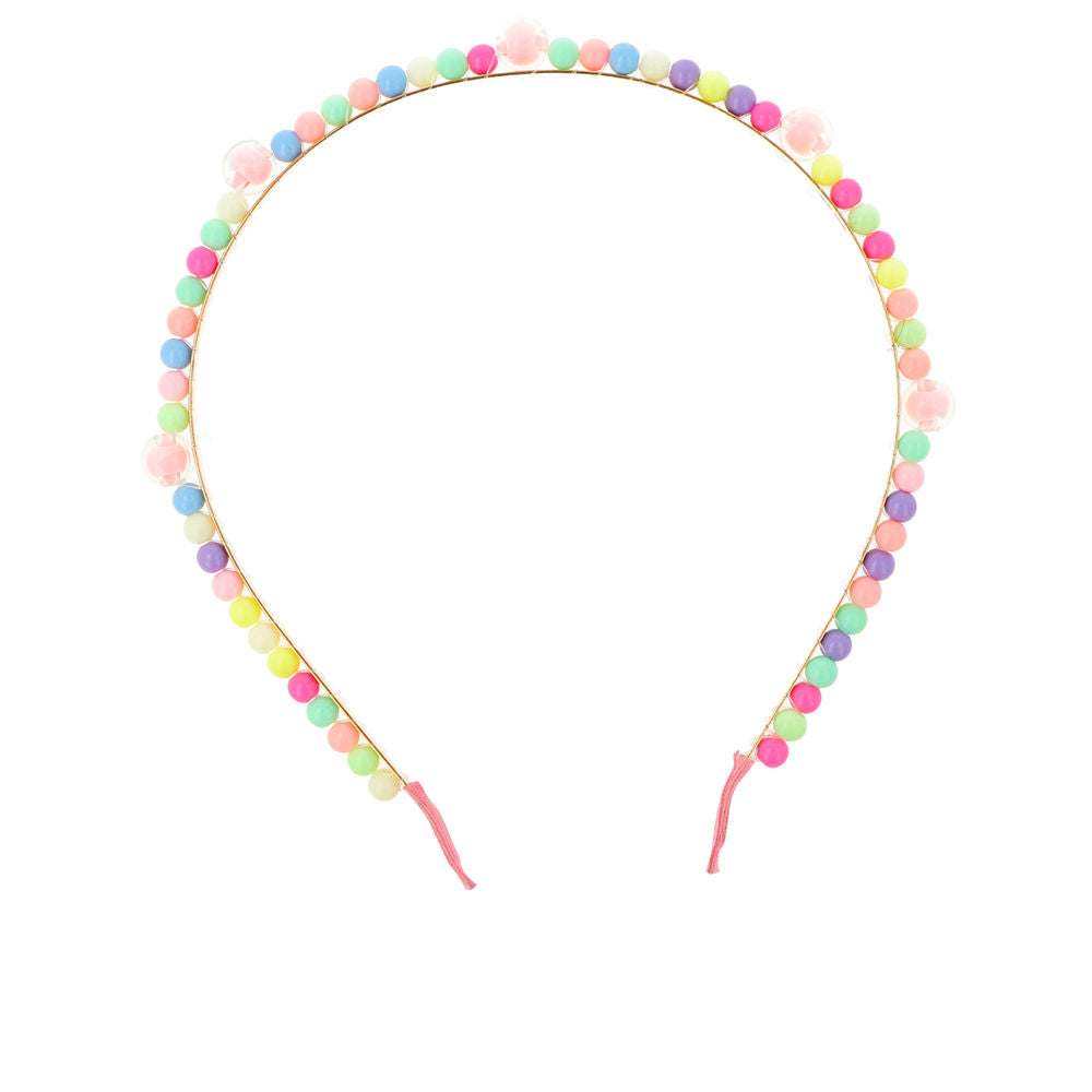 Multicolor two-row beaded metal headband with round acrylic beads and fabric-covered ends, Inca