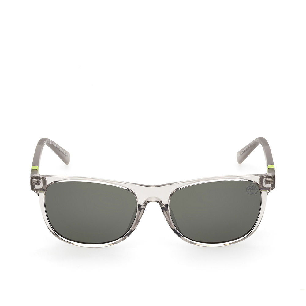 Timberland rectangular transparent plastic sunglasses with dark gray lenses, green temple accents, small right-lens logo