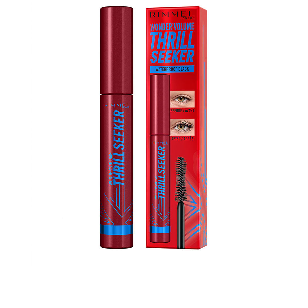 Black waterproof mascara tube with curved brush, 8 ml, bold volume effect