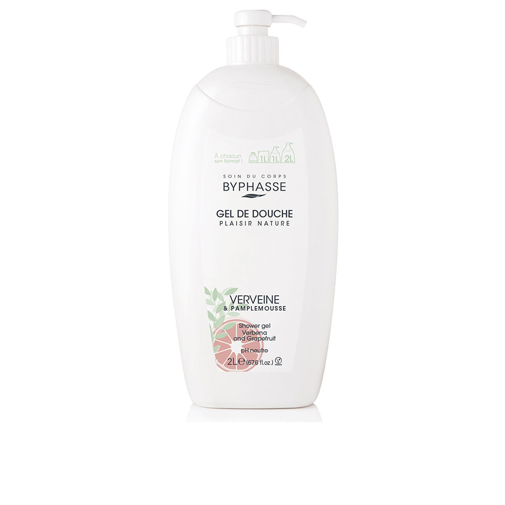 Tall 2,000 ml clear bottle of verbena and grapefruit shower gel with pale pink liquid