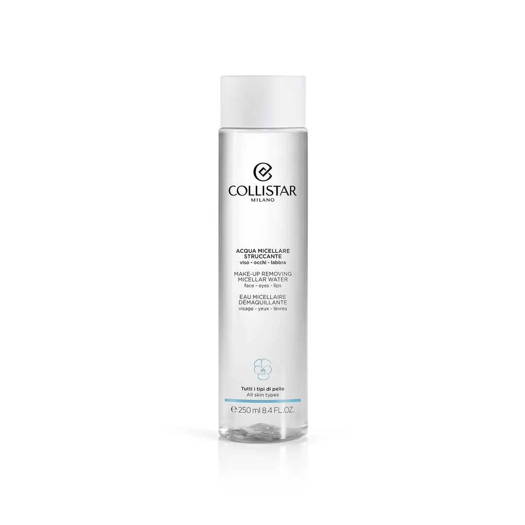 Clear 250 ml micellar water bottle with Viola tricolor, for sensitive skin