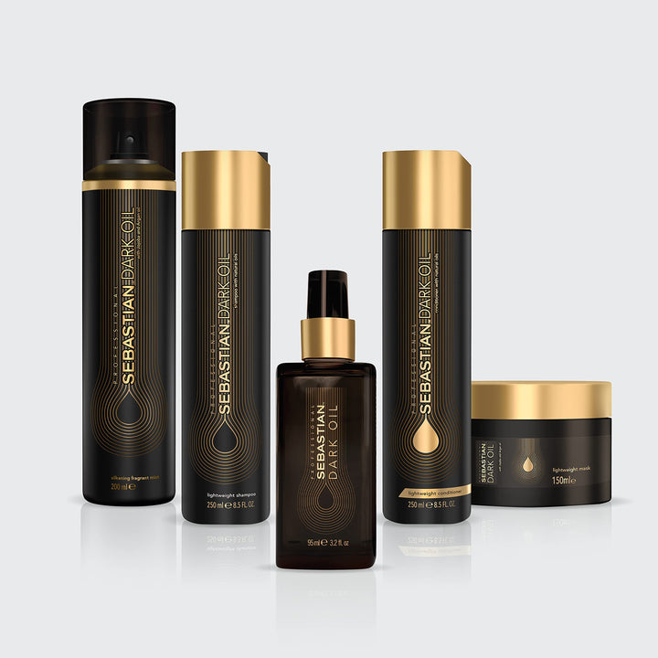 95 ml clear bottle of lightweight argan and sandalwood hair oil with pump dispenser