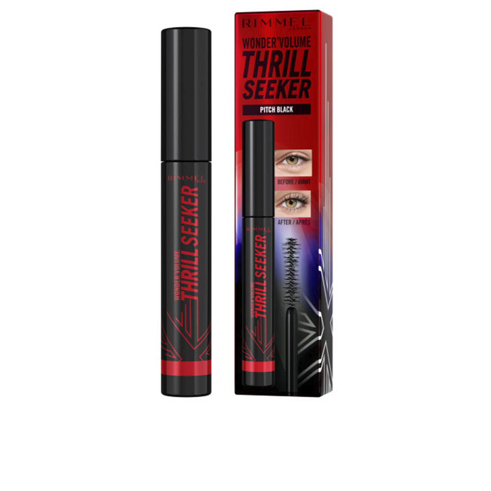Curved wand mascara tube, pitch black formula, 8 ml