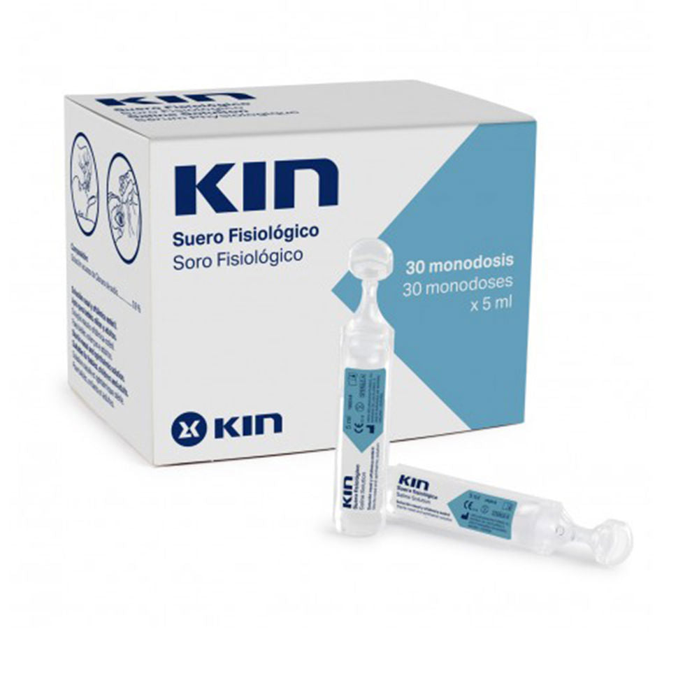 Kin Small white and blue plastic vials in a cardboard box with printed text and logo, medical minimalism