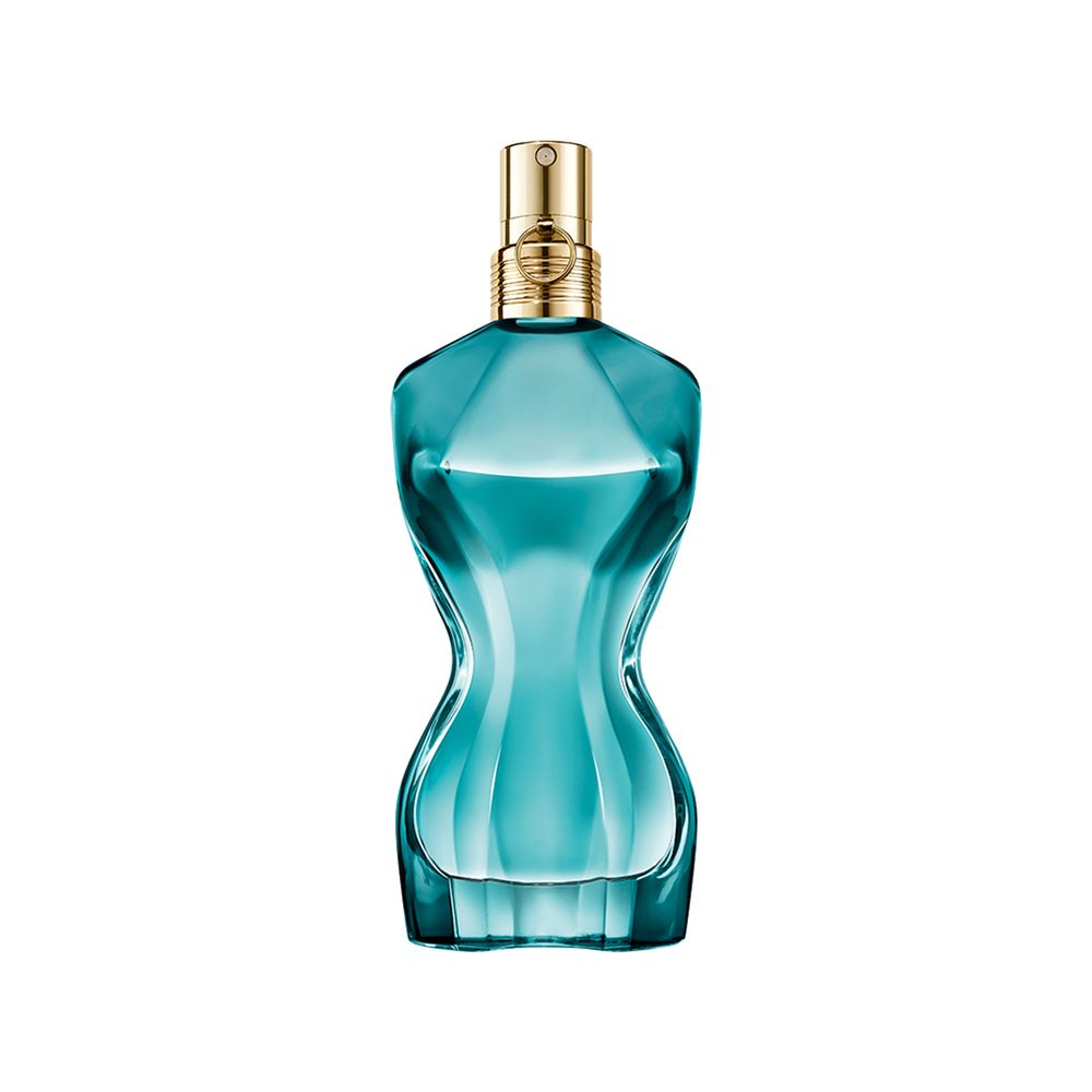 Deep-blue sculptural perfume bottle with embroidered floral collar, 30 ml