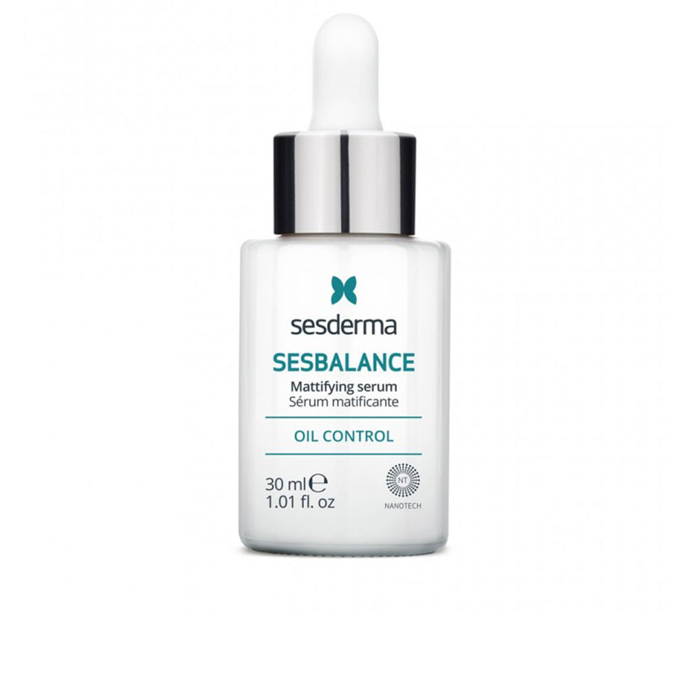 Bottle of Sesderma Sesbalance sebum-regulating serum on white background