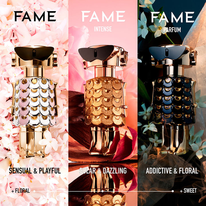 Gold-finish 50 ml Fame Intense EDP bottle, floral-woody fragrance for Women