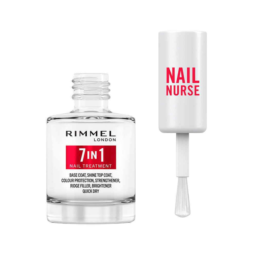 Rimmel Clear glass square bottle with white brush cap, red and black text, glossy clear nail treatment