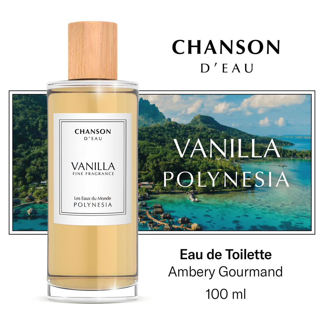Clear perfume bottle with light amber liquid, 100 ml, Vanilla pear and apple scent for Women