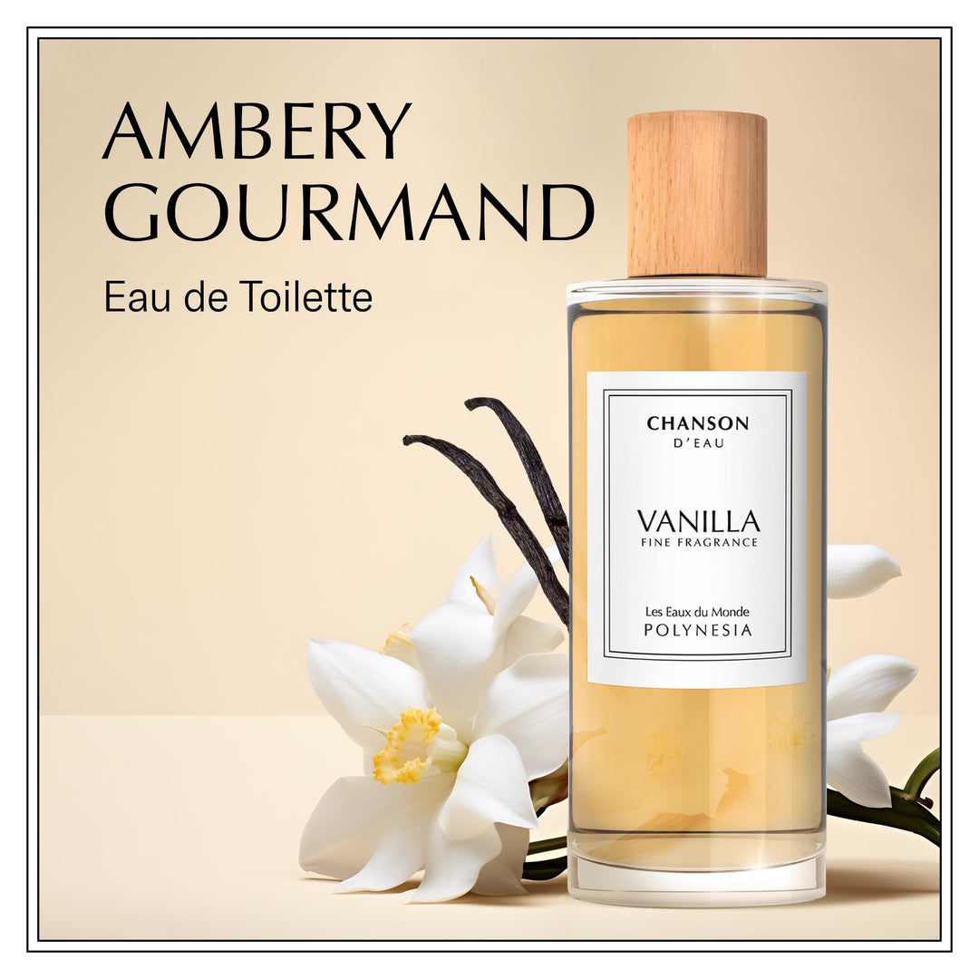 Clear perfume bottle with light amber liquid, 100 ml, Vanilla pear and apple scent for Women