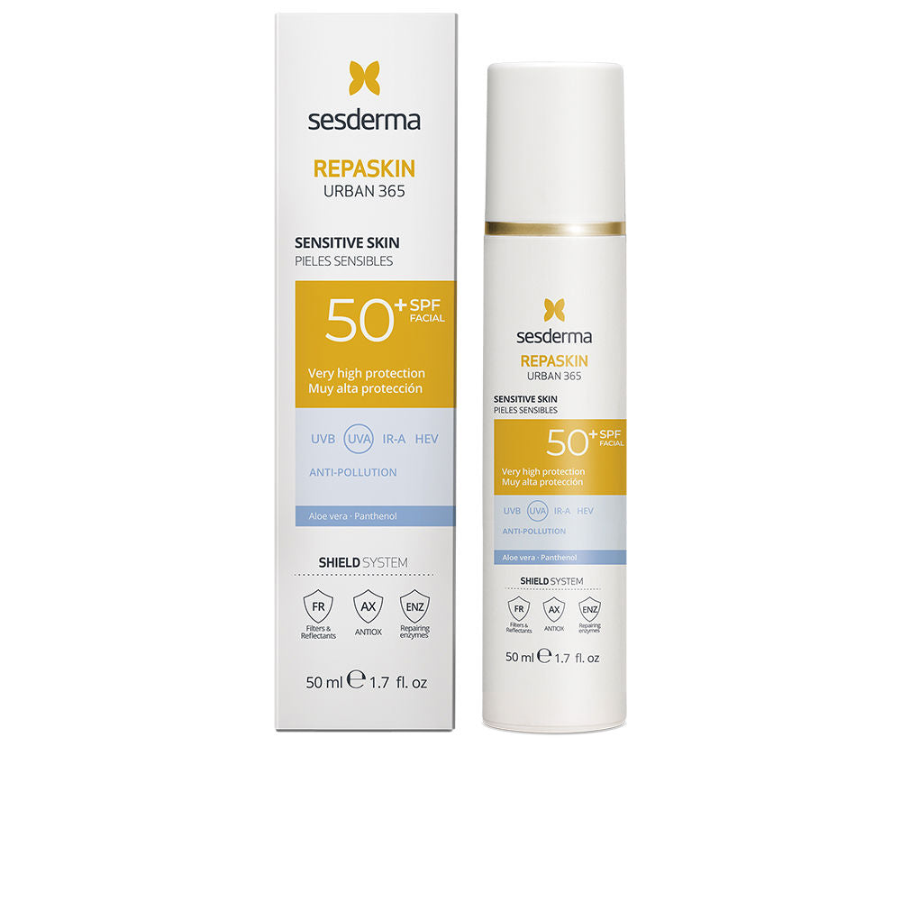 Sesderma White plastic pump bottle with yellow SPF 50+ label, blue accents, rectangular box, minimalist packaging