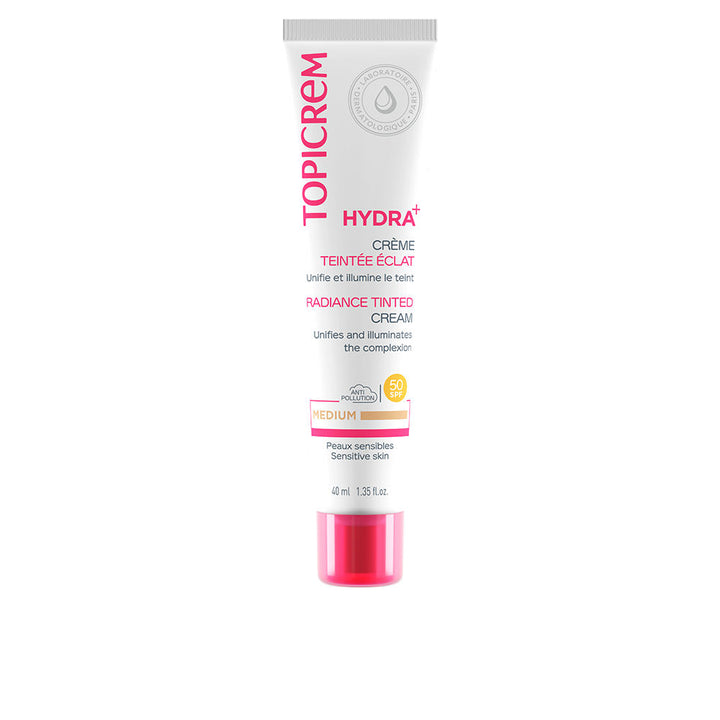 Topicrem Cream tube with white, pink, yellow plastic packaging, screw cap, minimalist modern design, SPF 50 visible
