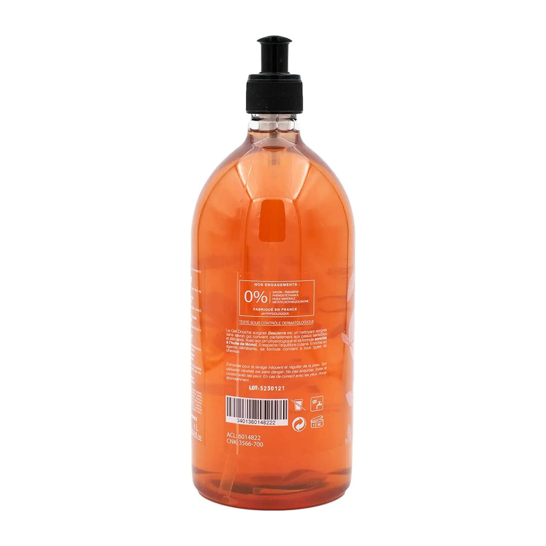 Bottle of Beauterra Monoi shower gel for body and hair, soap-free, natural formula