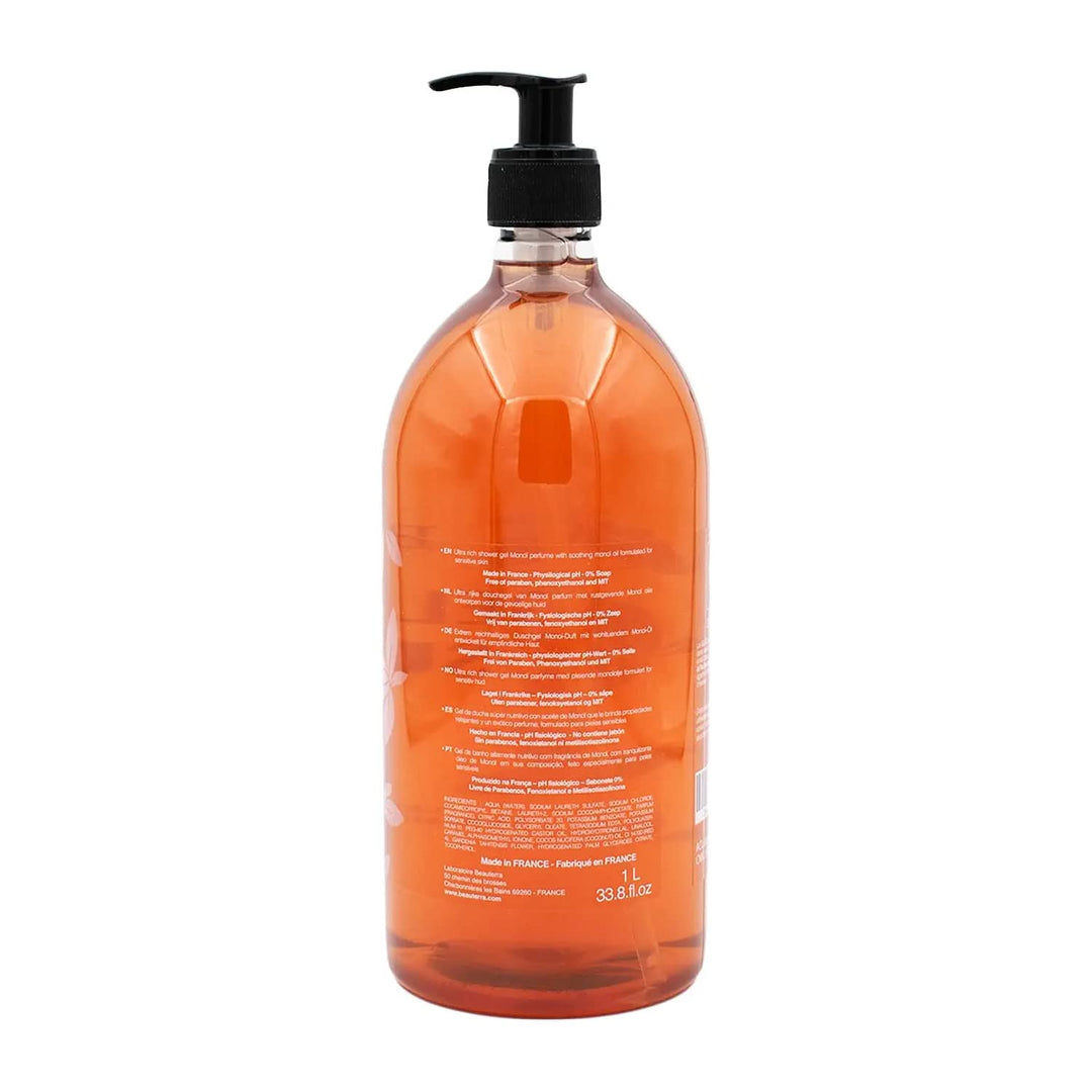 Bottle of Beauterra Monoi shower gel for body and hair, soap-free, natural formula
