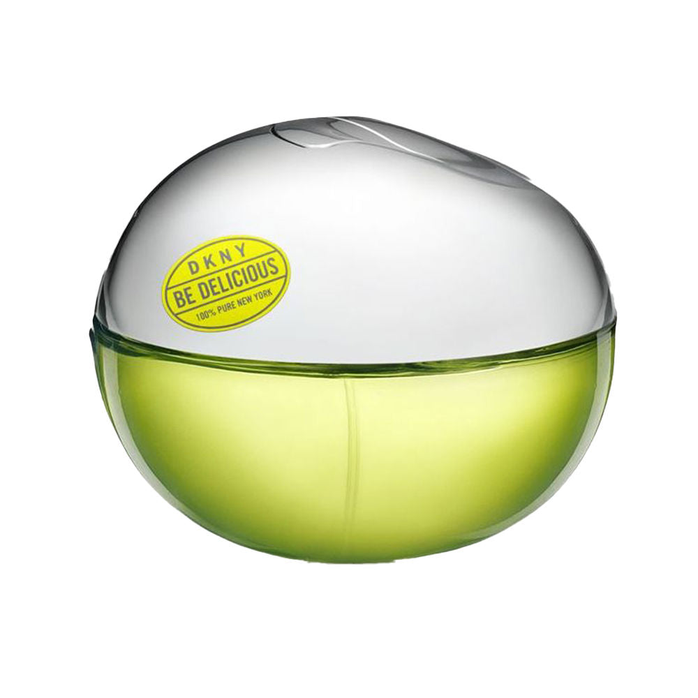Clear perfume bottle labelled Green Apple, spray nozzle, fresh green-apple theme