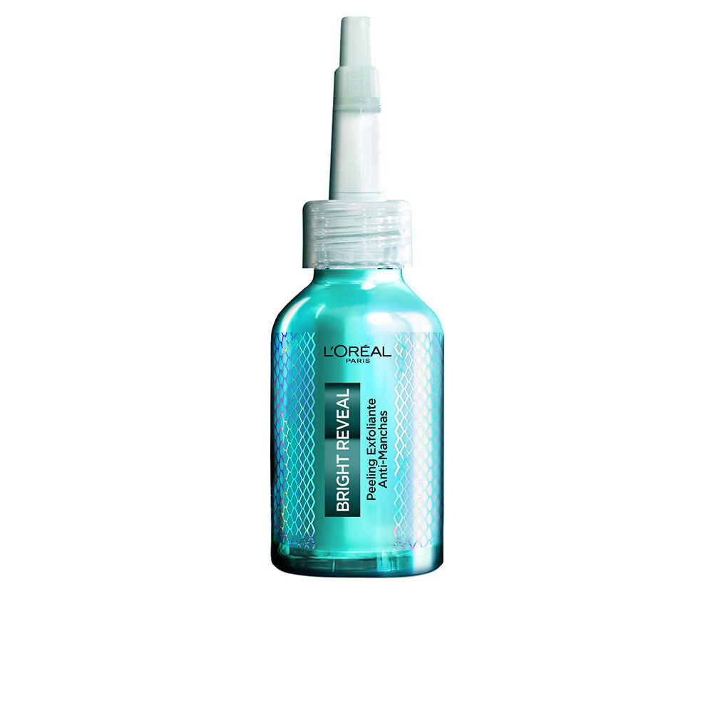 L'Oréal Paris Turquoise plastic exfoliant bottle with spray nozzle, transparent cap and holographic pattern