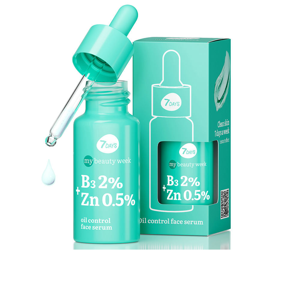 7days Turquoise glass face serum bottle with transparent dropper tip and box, minimalist modern design