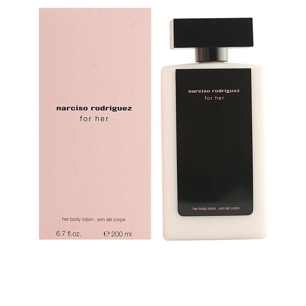 Bottle of Narciso Rodriguez body moisturizing lotion, minimalist elegant packaging