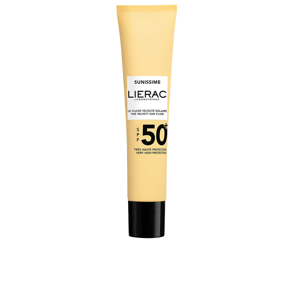 Lierac Yellow, black and white plastic tube of sun protection fluid with screw cap, minimalist modern design
